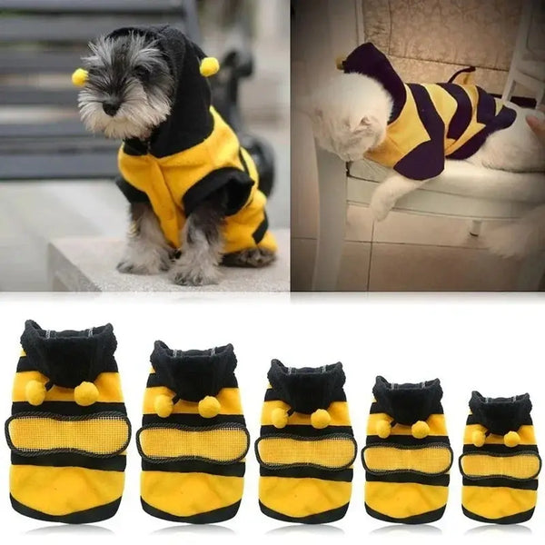 Bee Costume Pet Outfit – Fleece Dog Hoodie for Cats and Small Dogs, Halloween Cosplay Clothes
