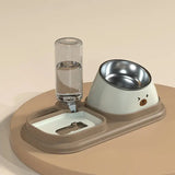 Cat Food Water Bowl, Triple Cats Bowls with Mat and Scoop, 15° Tilted Raised Cat Bowl Dishes with Automatic Water Bottle for Cats & Small Dogs