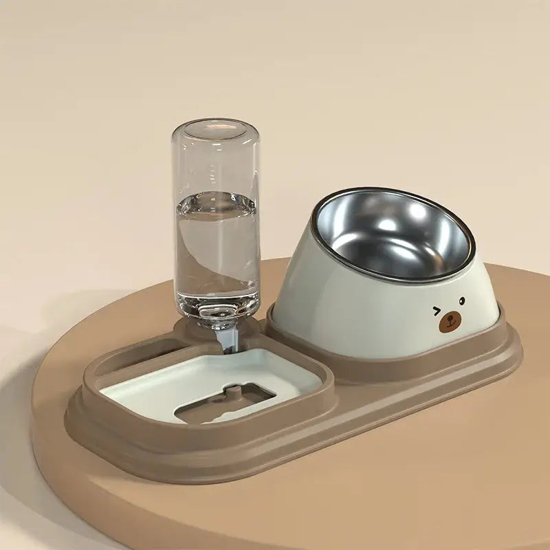 Cat Food Water Bowl, Triple Cats Bowls with Mat and Scoop, 15° Tilted Raised Cat Bowl Dishes with Automatic Water Bottle for Cats & Small Dogs