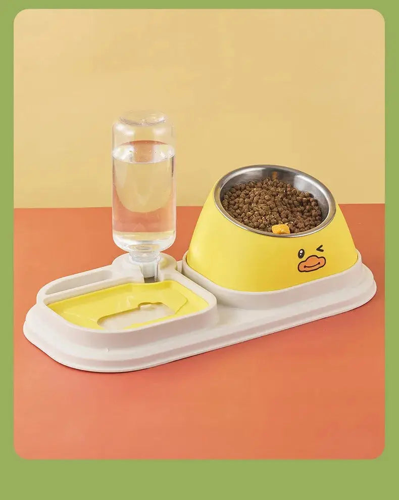 Cat Food Water Bowl, Triple Cats Bowls with Mat and Scoop, 15° Tilted Raised Cat Bowl Dishes with Automatic Water Bottle for Cats & Small Dogs