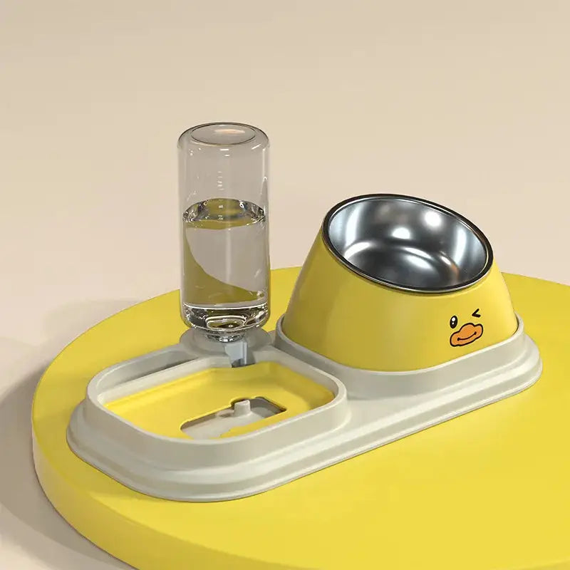 Cat Food Water Bowl, Triple Cats Bowls with Mat and Scoop, 15° Tilted Raised Cat Bowl Dishes with Automatic Water Bottle for Cats & Small Dogs