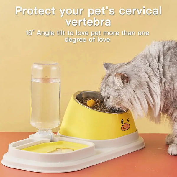 Cat Food Water Bowl, Triple Cats Bowls with Mat and Scoop, 15° Tilted Raised Cat Bowl Dishes with Automatic Water Bottle for Cats & Small Dogs