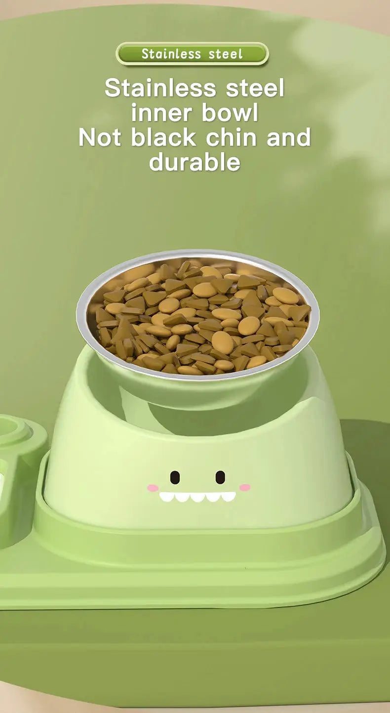 Cat Food Water Bowl, Triple Cats Bowls with Mat and Scoop, 15° Tilted Raised Cat Bowl Dishes with Automatic Water Bottle for Cats & Small Dogs