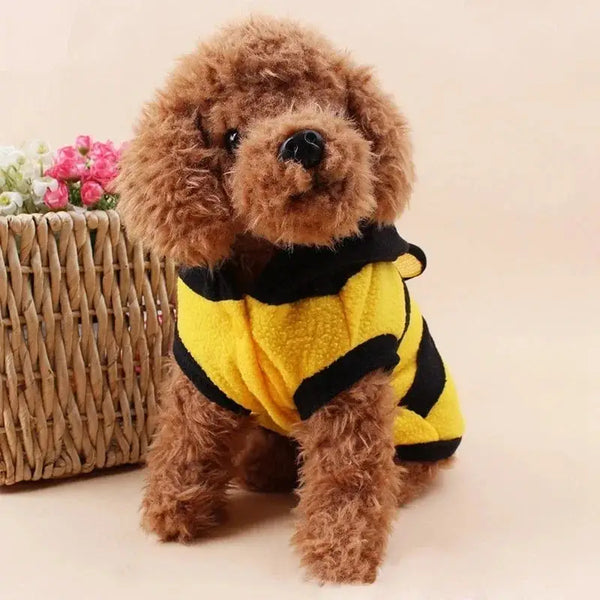 Bee Costume Pet Outfit – Fleece Dog Hoodie for Cats and Small Dogs, Halloween Cosplay Clothes