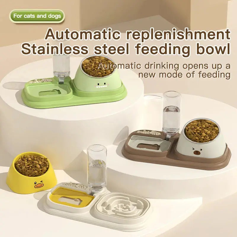 Cat Food Water Bowl, Triple Cats Bowls with Mat and Scoop, 15° Tilted Raised Cat Bowl Dishes with Automatic Water Bottle for Cats & Small Dogs