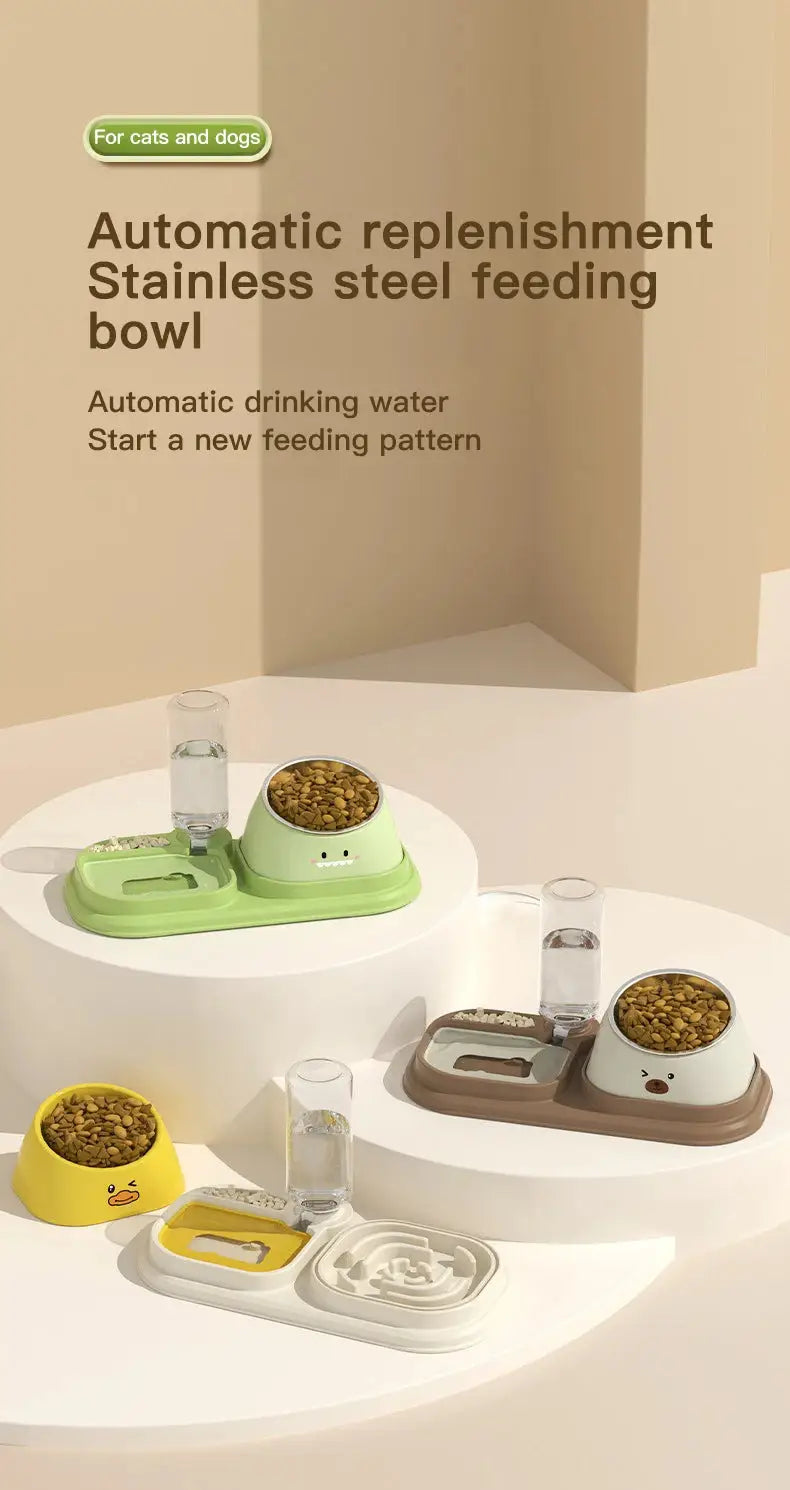 Cat Food Water Bowl, Triple Cats Bowls with Mat and Scoop, 15° Tilted Raised Cat Bowl Dishes with Automatic Water Bottle for Cats & Small Dogs