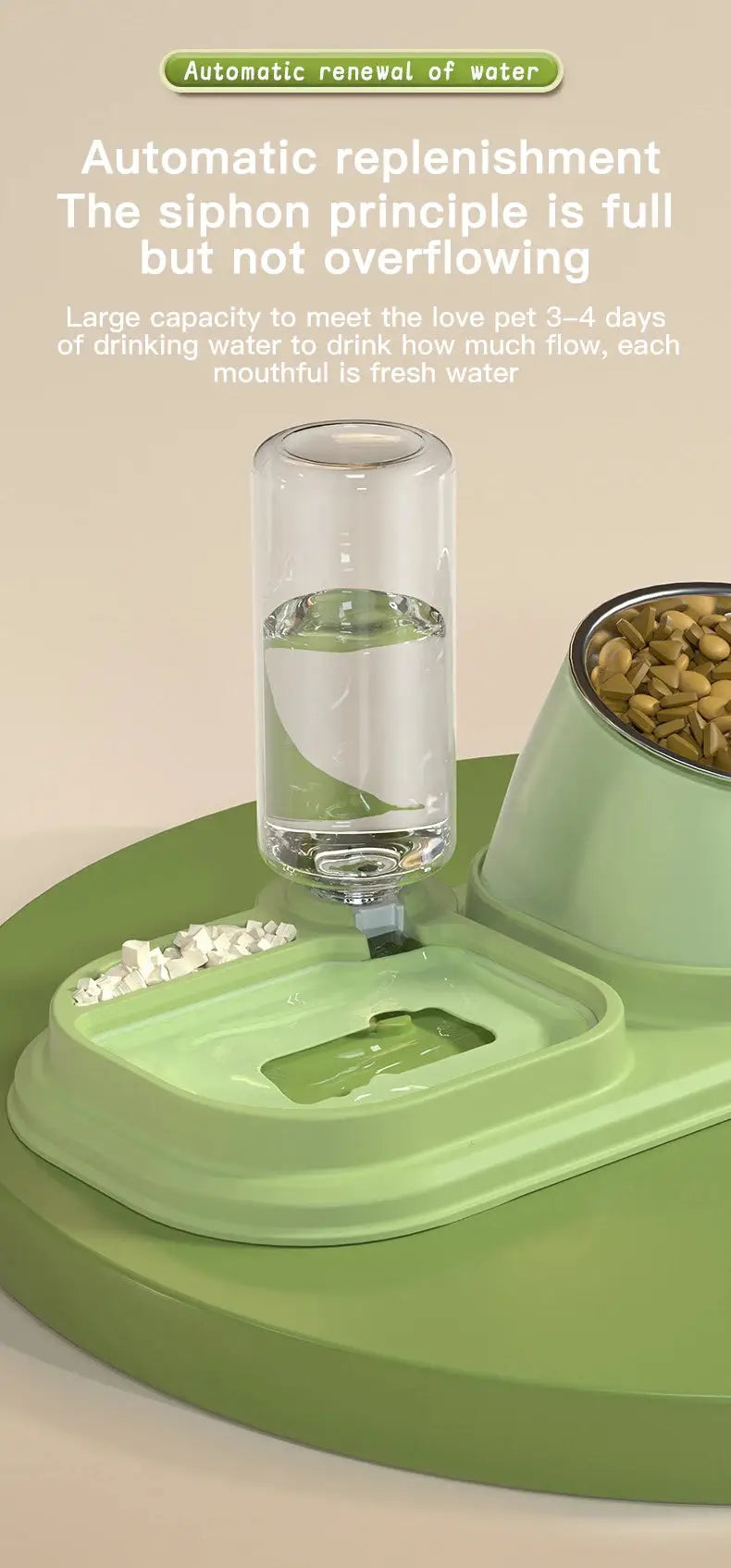Cat Food Water Bowl, Triple Cats Bowls with Mat and Scoop, 15° Tilted Raised Cat Bowl Dishes with Automatic Water Bottle for Cats & Small Dogs
