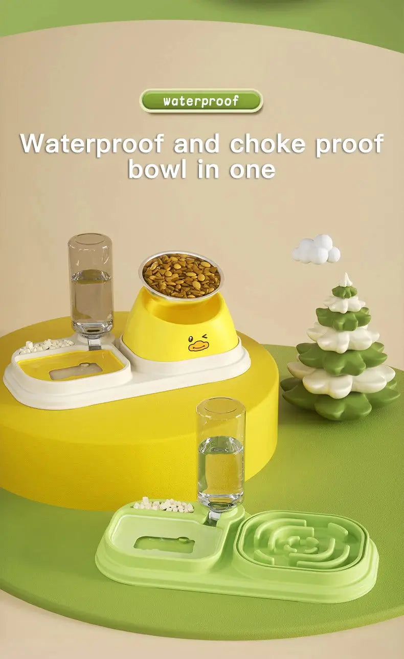 Cat Food Water Bowl, Triple Cats Bowls with Mat and Scoop, 15° Tilted Raised Cat Bowl Dishes with Automatic Water Bottle for Cats & Small Dogs