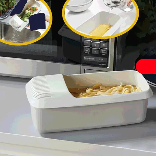Eco-Friendly Microwave Pasta Cooker – Plastic Spaghetti & Vegetable Steamer with Built-In Strainer – Dishwasher-Safe Kitchen Accessory