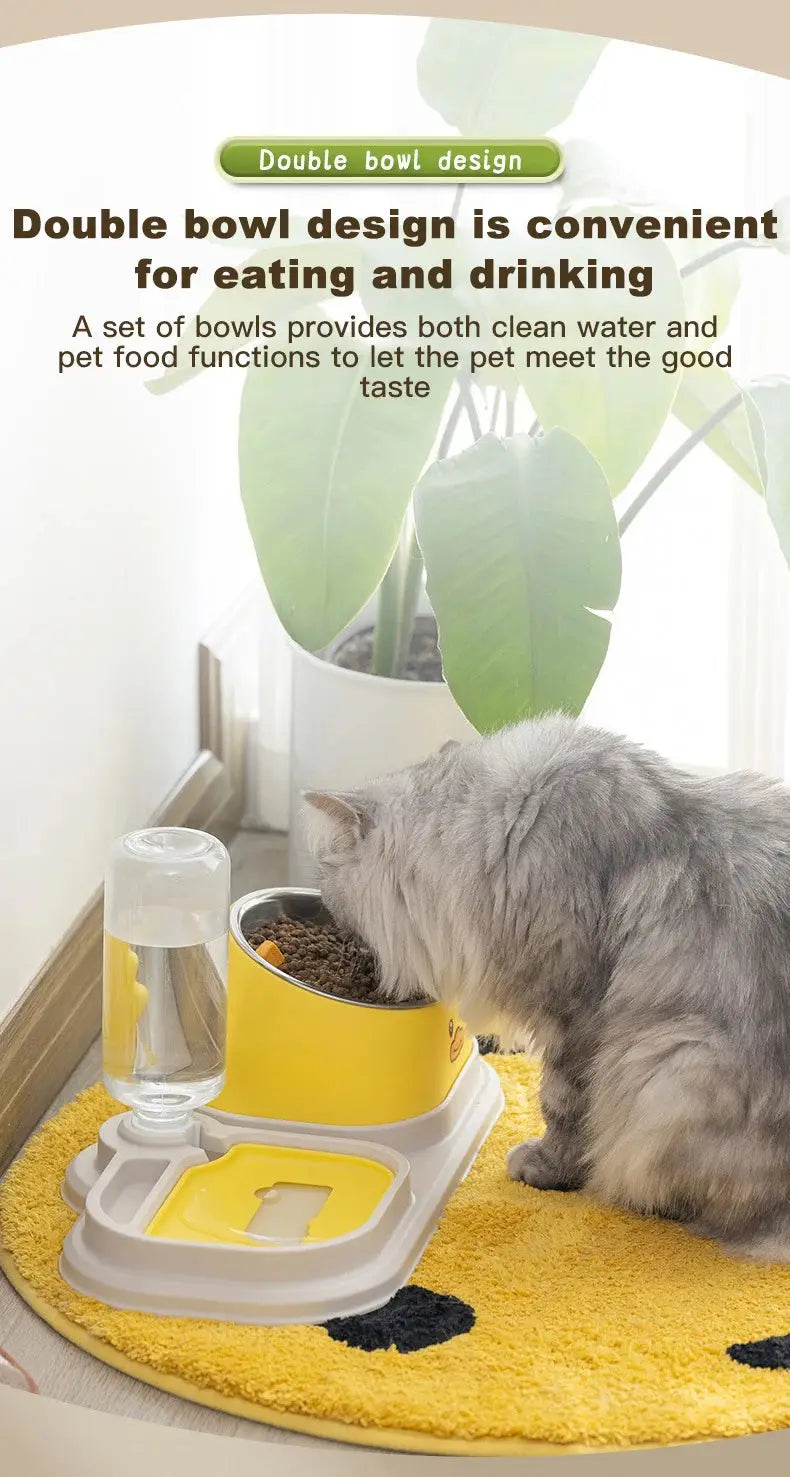 Cat Food Water Bowl, Triple Cats Bowls with Mat and Scoop, 15° Tilted Raised Cat Bowl Dishes with Automatic Water Bottle for Cats & Small Dogs