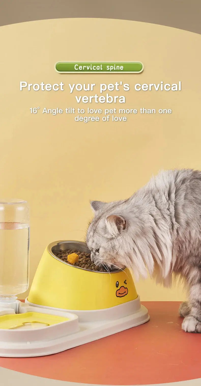 Cat Food Water Bowl, Triple Cats Bowls with Mat and Scoop, 15° Tilted Raised Cat Bowl Dishes with Automatic Water Bottle for Cats & Small Dogs