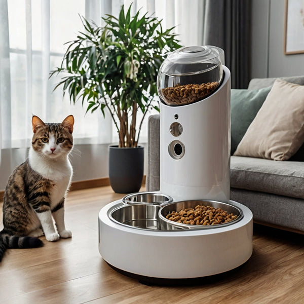 Cat Food Water Bowl, Triple Cats Bowls with Mat and Scoop, 15° Tilted Raised Cat Bowl Dishes with Automatic Water Bottle for Cats & Small Dogs