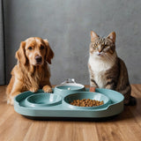 Cat Food Water Bowl, Triple Cats Bowls with Mat and Scoop, 15° Tilted Raised Cat Bowl Dishes with Automatic Water Bottle for Cats & Small Dogs