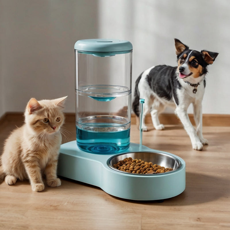 Cat Food Water Bowl, Triple Cats Bowls with Mat and Scoop, 15° Tilted Raised Cat Bowl Dishes with Automatic Water Bottle for Cats & Small Dogs
